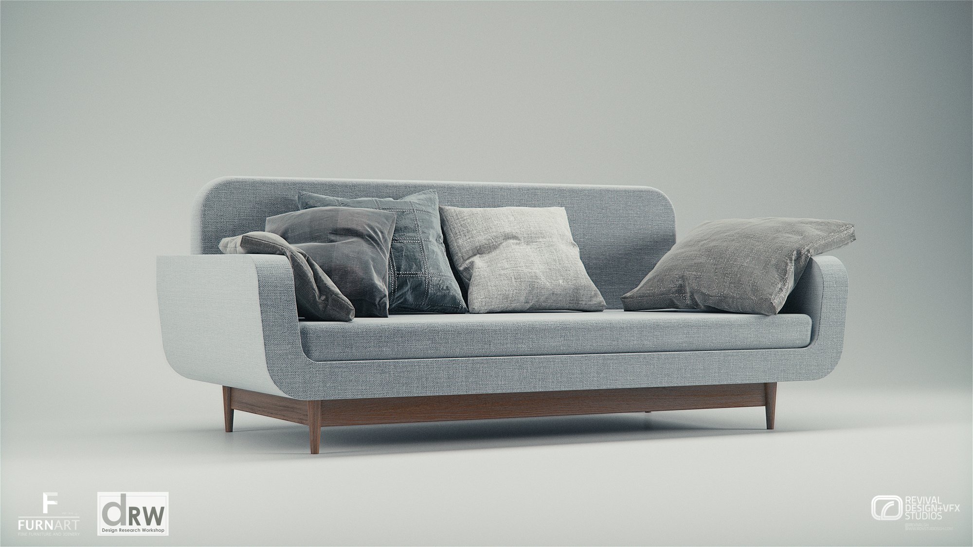 Product study of the same grey sofa front-on, carried on a walnut plinth base
