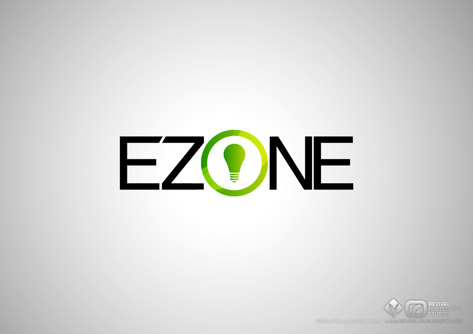 A logo sheet on a white field that fades to grey at the edges: the name EZONE set in black, wide geometric capitals, with the O replaced by a two-tone lime-green ring enclosing a green light bulb with a banded screw base, and a small grey REVIVAL DESIGN & VFX STUDIOS signature block with the line NEWLIFE 2.0 / AUGUST, 2012 and the blog address at the lower right.