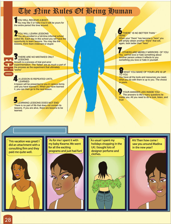 Page 28, a full-page feature headed The Nine Rules Of Being Human in a blackletter display face across the top of a cream page: a flat blue silhouette of a standing man sits at the centre against a yellow sunburst, ringed by nine numbered notes that begin YOU WILL RECEIVE A BODY and end YOUR ANSWER LIES INSIDE YOU, a vertical ECHO tab down the left margin, and a blue-bordered panel of four comic-strip illustrations of women with speech bubbles along the bottom, the page number 28 set in a red square at the lower left.