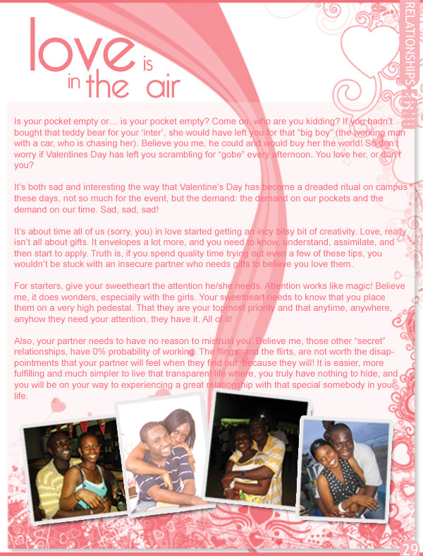Page 29, the love is in the air regular: a pale pink spread headed love is in the air in large pink display type at the top, a vertical RELATIONSHIPS tab at the upper right, several paragraphs of body copy set solid in coral red, a band of swirls and small hearts running down the right margin, four small photographs of couples arranged along the bottom, and the page number 29 set at the lower right.
