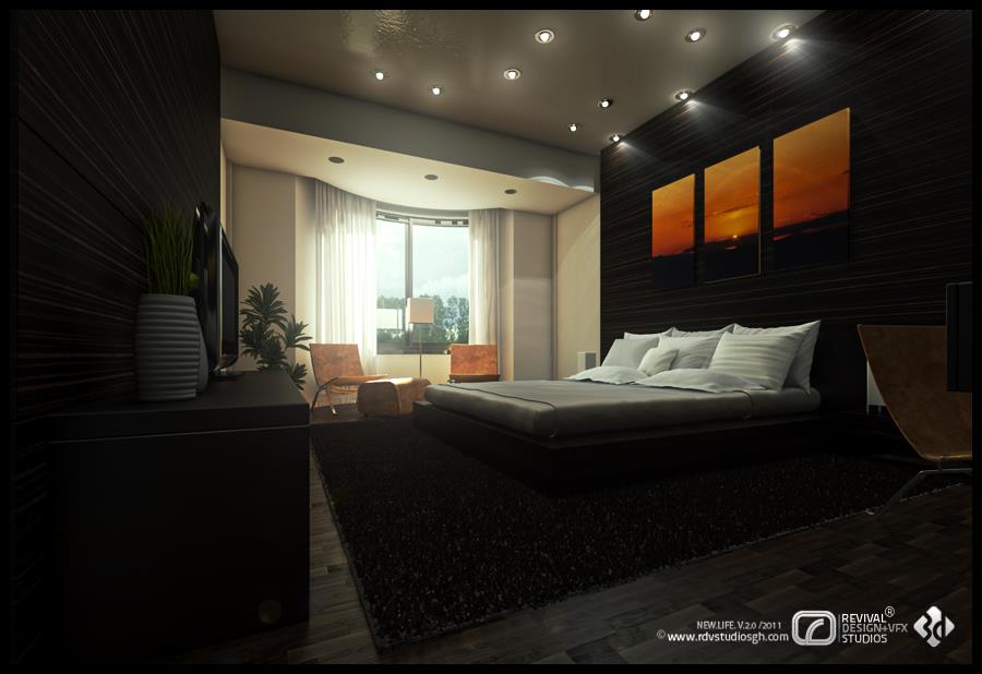A low-lit bedroom render: a platform bed dressed in pale grey linen sits on a deep black shag rug, its head wall panelled in horizontal dark timber slats and hung with a three-canvas sunset triptych; a curved ceiling bulkhead studded with recessed downlights sweeps over the bed, a bay window in sheer curtains lights two tan lounge chairs at the far end, and a flat television on a black cabinet with a ribbed planter of grasses closes the left of the view.