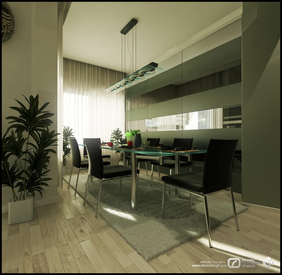 A dining room render in pale daylight: a glass-topped table on polished legs is set for six with black leather cantilever chairs on a light grey shag rug over pale oak floorboards, hung with a long linear glass pendant carrying multiple downlights; the right-hand wall is banded in mirror that throws the bay window back into the room, and a tall potted palm in a white square planter stands at left.