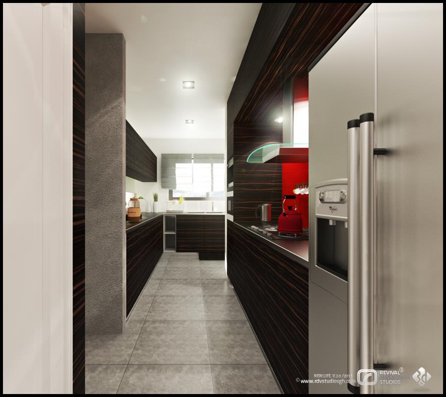 A galley kitchen render: dark, strongly striped reddish-brown veneer cabinetry runs both sides of a grey tiled floor under a flat white ceiling with square downlights, ending at a window dressed in a roman blind over a pale worktop; a red glass backsplash panel and a red kettle punctuate the far run, a curved glass extractor hood projects over the near counter, and a stainless steel side-by-side refrigerator with a water dispenser fills the right foreground.
