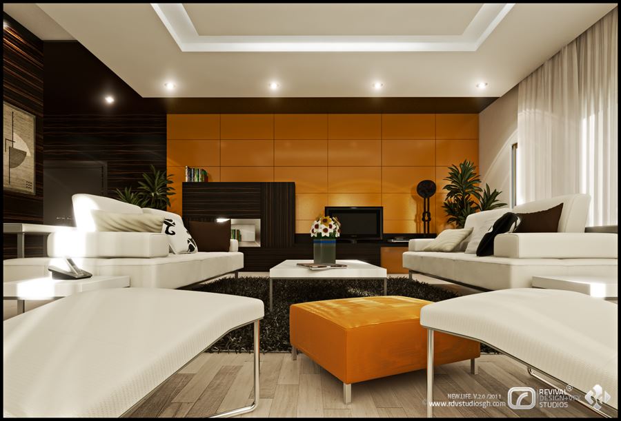 A living room render: two white sofas face each other across a dark shag rug with a square orange ottoman between them and low white tables carrying a flower pot, set against a full-width glossy orange feature wall with a dark media unit and television recessed into it; a lit ceiling cove with downlights runs the length of the room, dark slatted timber panels the wall at left with framed art, and tall plants stand by sheer curtains at right.
