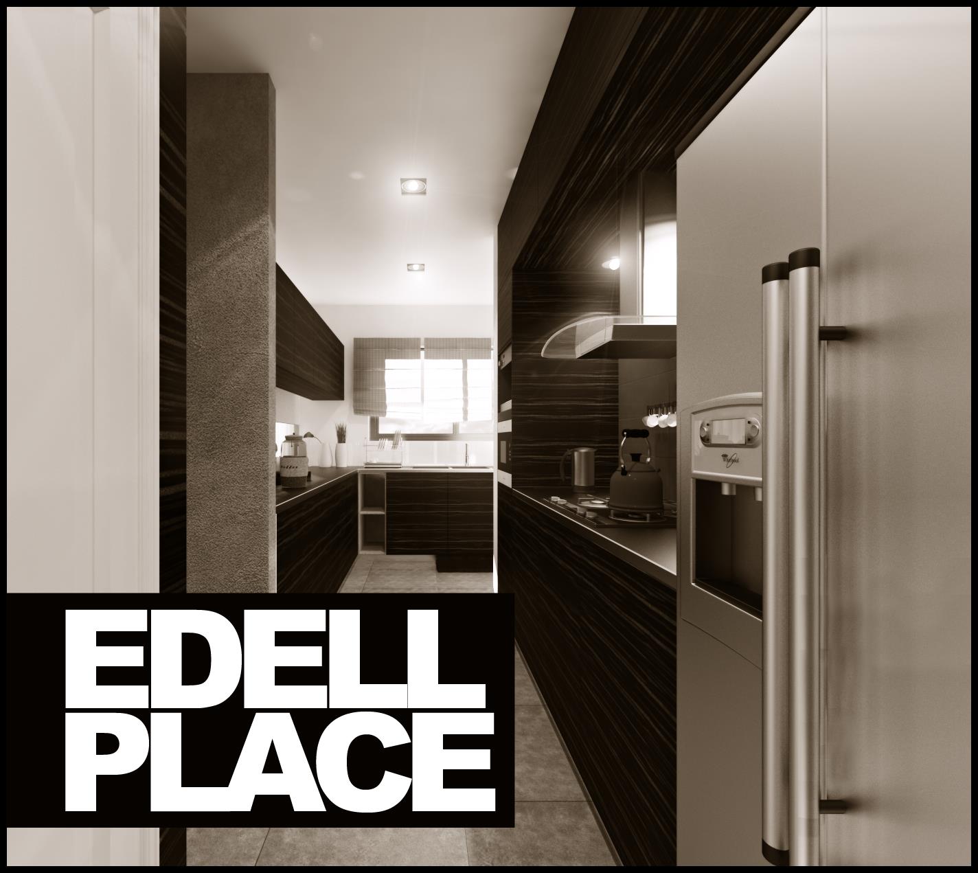 The closing title plate: the same galley kitchen view graded to a warm monochrome, with a solid black block dropped into the lower left carrying the words EDELL PLACE in heavy white condensed capitals stacked on two lines.