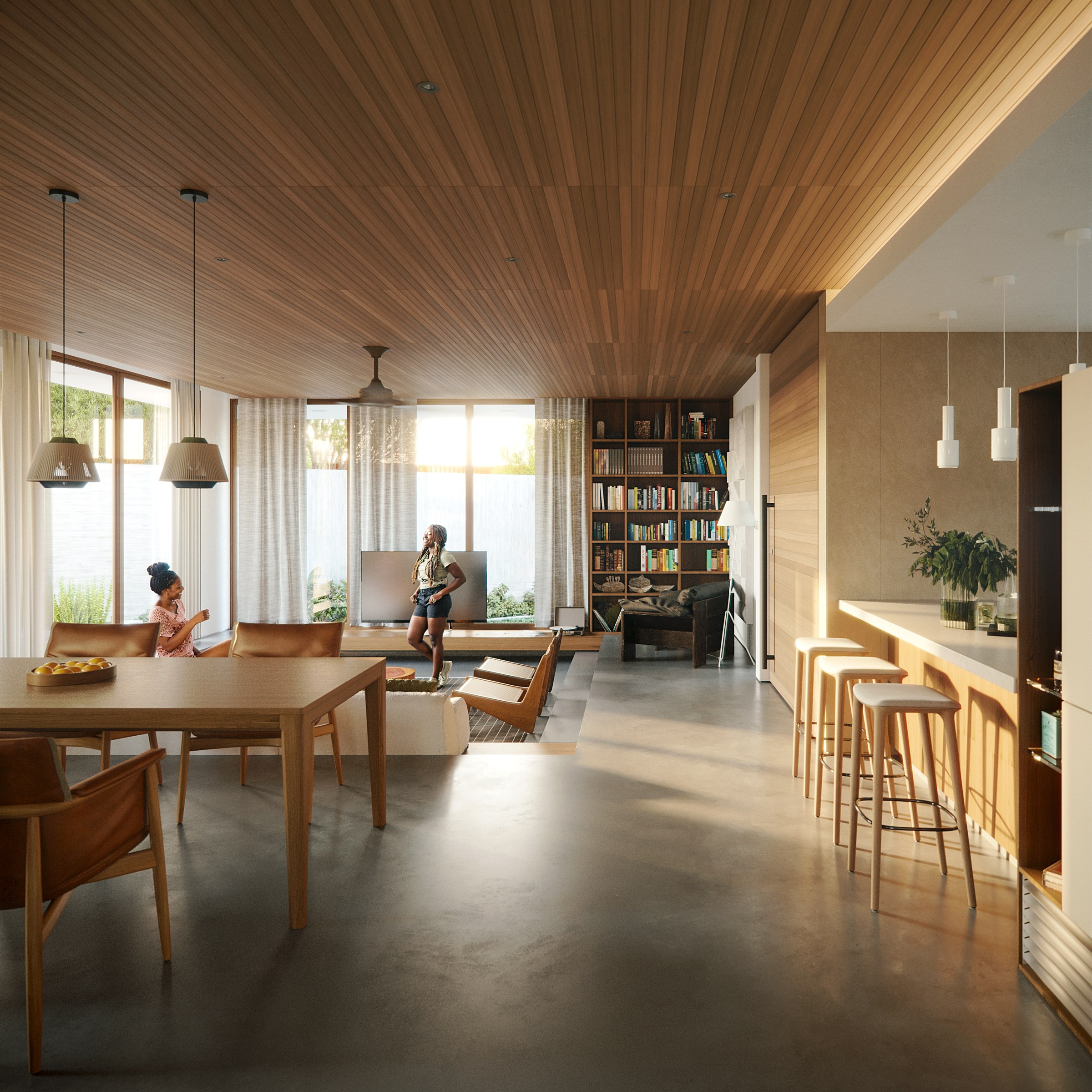 Daylight view down the length of the open-plan room: a timber dining table with tan leather chairs and two pendant lamps at the left, a long pale bar with four stools and cylinder pendants at the right, sheer curtains along the full height of the pool glazing, and a slatted timber ceiling running to a tall open bookcase at the far end.
