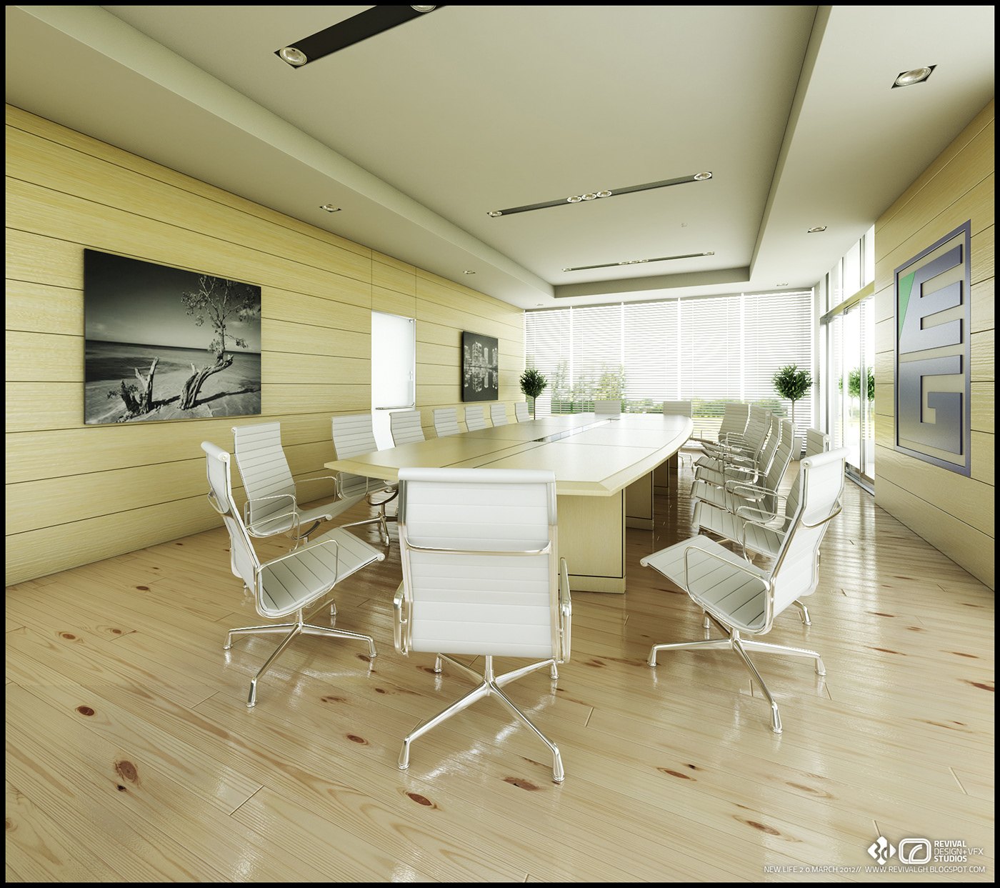 A rendered boardroom with pale horizontal wood-paneled walls, a long white conference table ringed by white leather chairs on chrome bases, light timber floor, a black-and-white framed photograph, and a glazed wall to the corridor at the right.