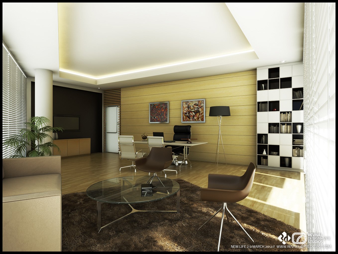 A rendered executive office pairs a desk and black task chair against a honey wood feature wall, with brown leather lounge chairs around a glass coffee table on a dark rug, a white modular shelving unit, and a slim floor lamp under a cove-lit ceiling.