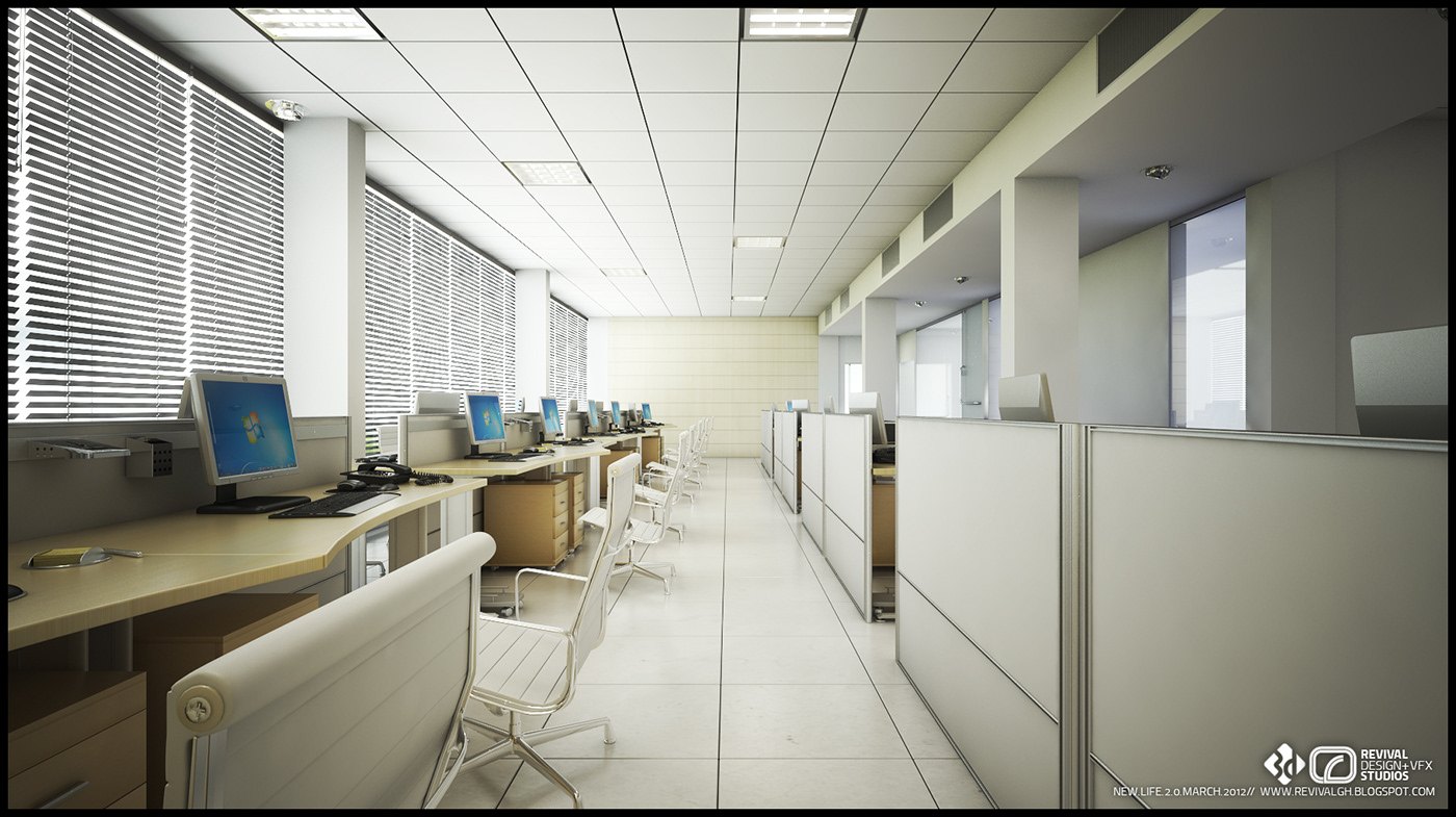 A rendered open-plan office shows a long row of light timber workstations with desktop computers and low white partition screens, facing a bank of windows with horizontal blinds, over a pale tiled floor with recessed ceiling lighting.