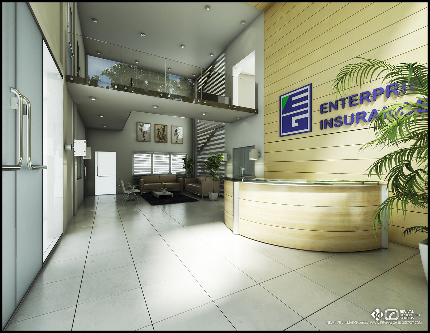 A rendered double-height reception lobby features a curved light-wood reception desk on a pale tiled floor, a honey wood-paneled wall carrying the blue Enterprise Insurance logo, a potted palm, framed art, and a mezzanine level with glazing above.