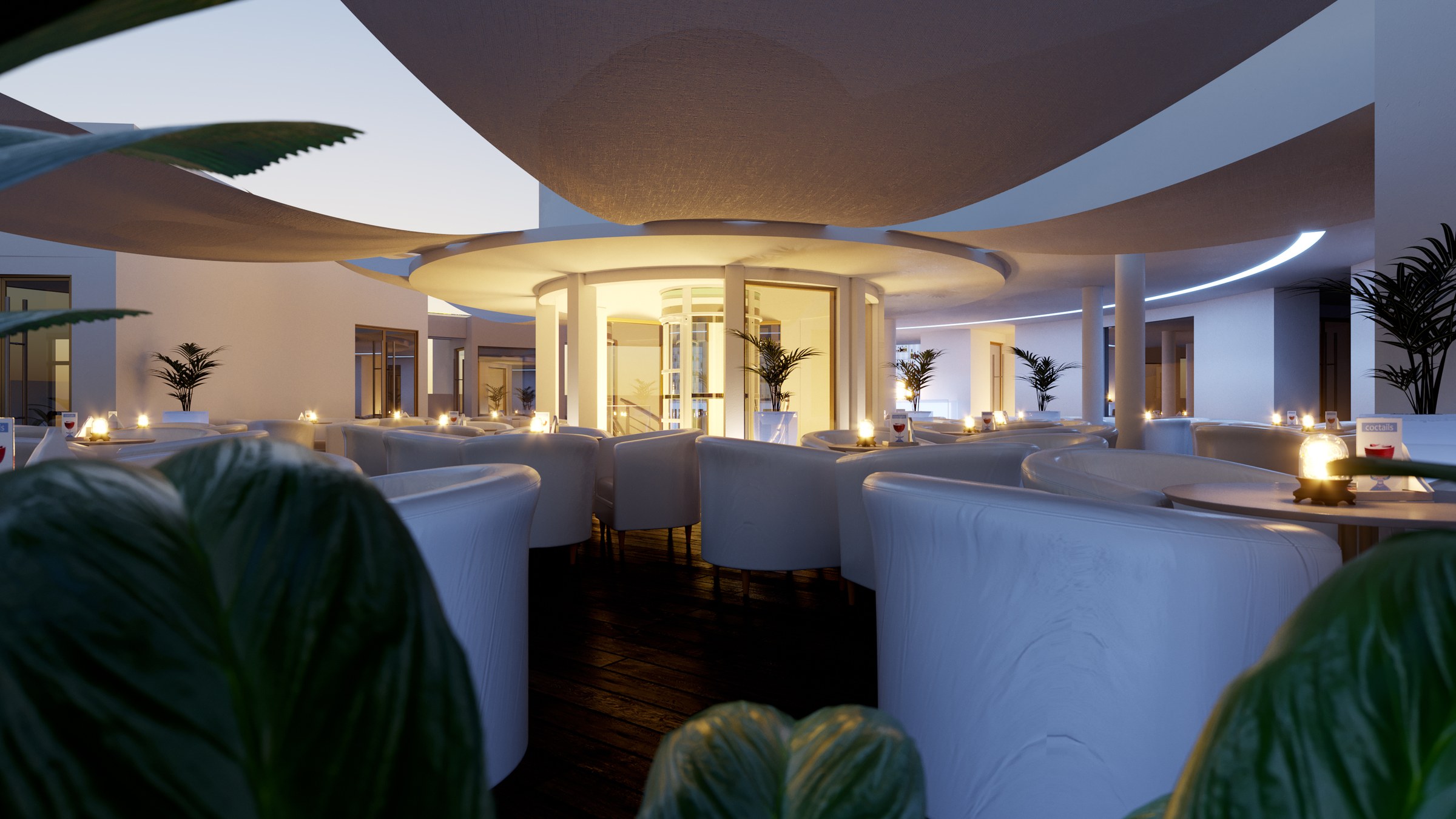 A rendered hotel lounge at dusk, defined by a sweeping white curved ceiling with a glowing circular cove. Curved cream banquettes and low tables carry lit candles over dark timber floors, while a softly backlit bar glows in the background.
