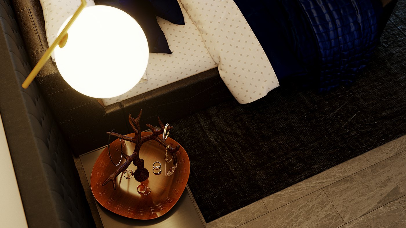 An overhead rendered detail of a bedside, a glowing white globe lamp on a brass arm lighting a copper bowl of ornaments. The corner of the bed shows navy and white pillows against a dark textured rug, capturing the room&rsquo;s warm metallic accents.