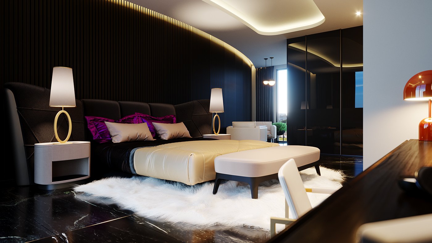 El Dor - the dark hotel bedroom: a low bed against a curved black ribbed wall under cove light, magenta satin cushions and a cream throw on a white shag rug, ring-based lamps either side and a mirrored wardrobe beyond