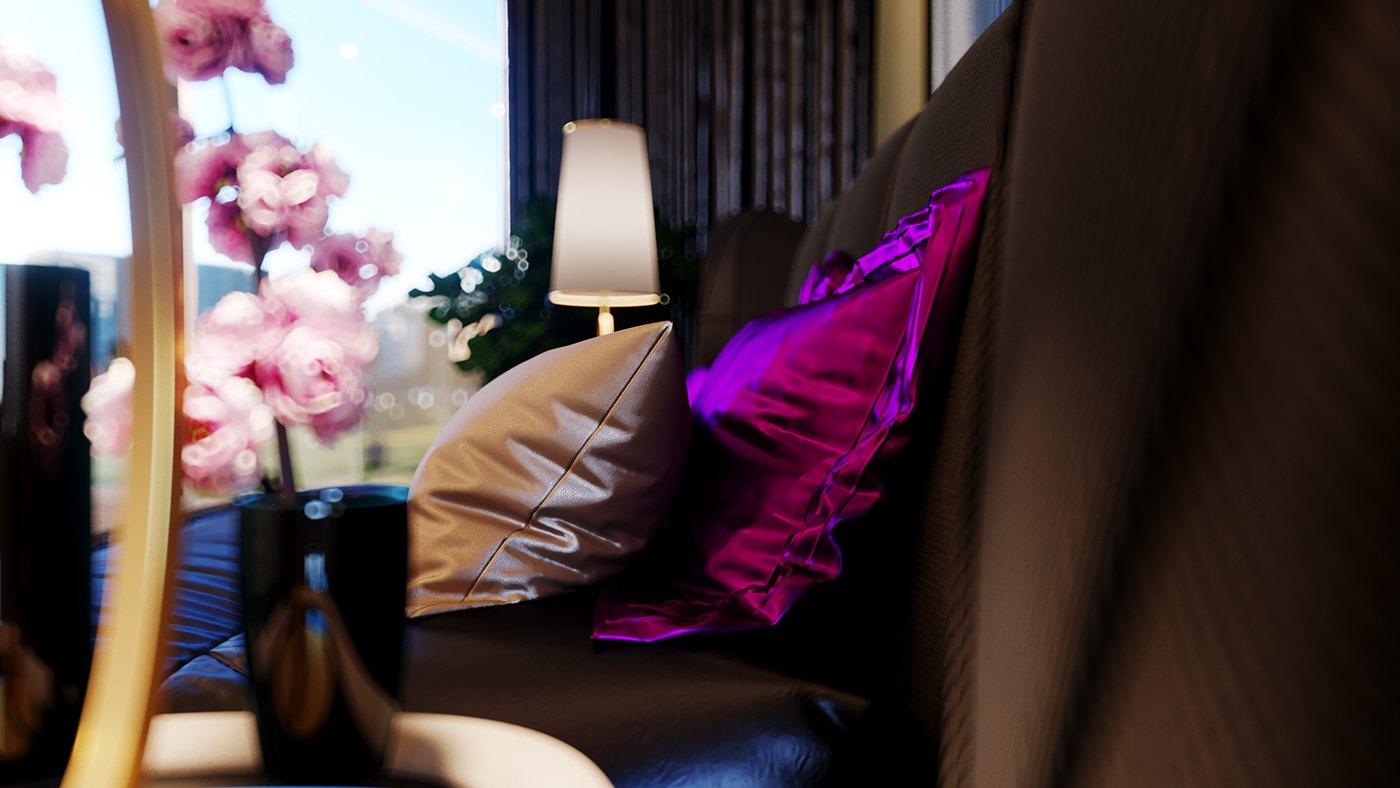 A rendered close detail from the dark suite, stems of pink orchids in a vase beside a glossy magenta satin cushion and a warm table lamp. The black slat wall and a bright window sit behind, focusing on the room&rsquo;s rich colour and soft textures.