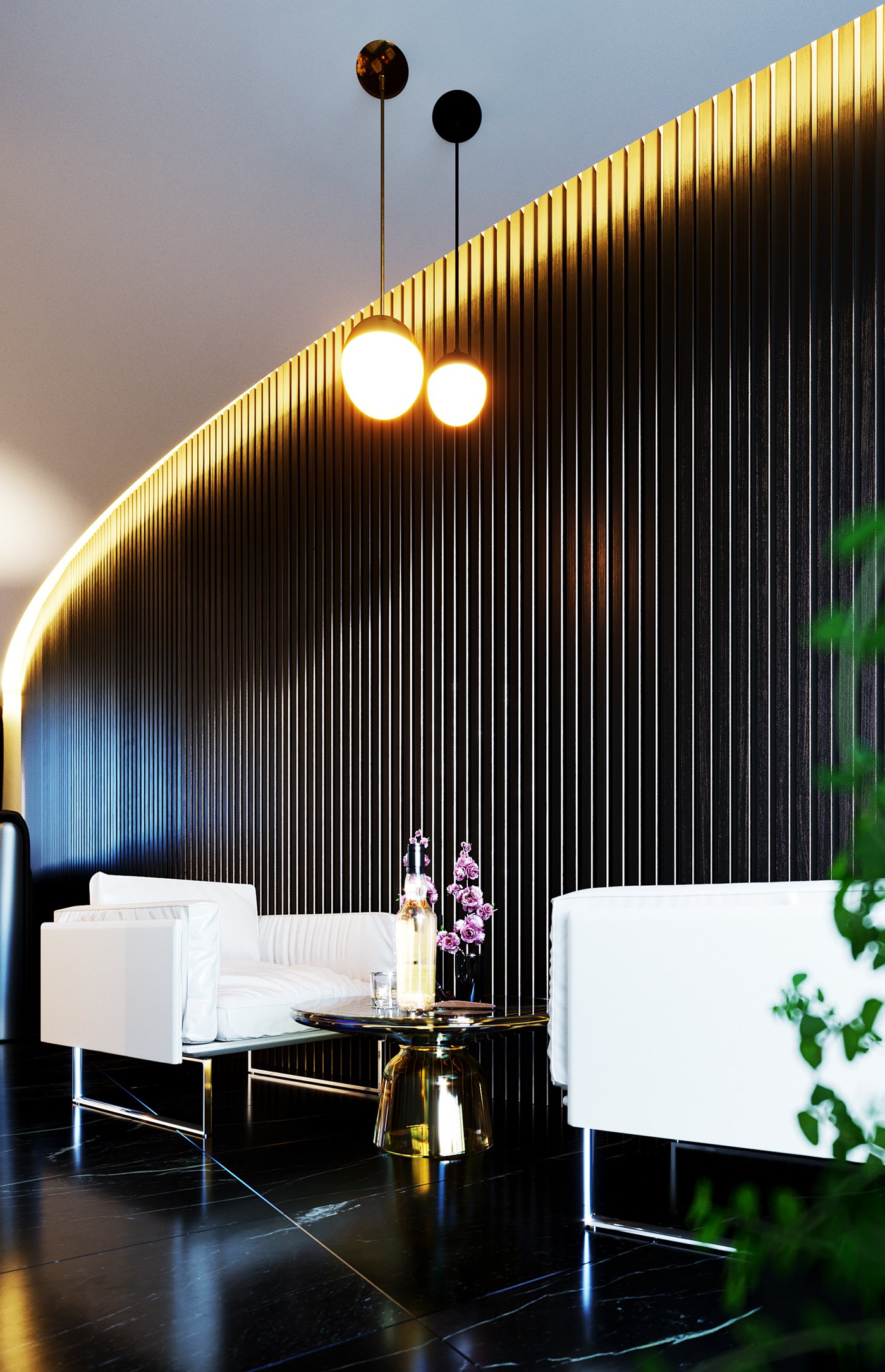 A rendered lounge with a tall curved wall of black vertical slats lit by a warm cove at its top. Two pendant globe lights hang over white sofas and a glass coffee table on a dark reflective floor, with an orchid accent.