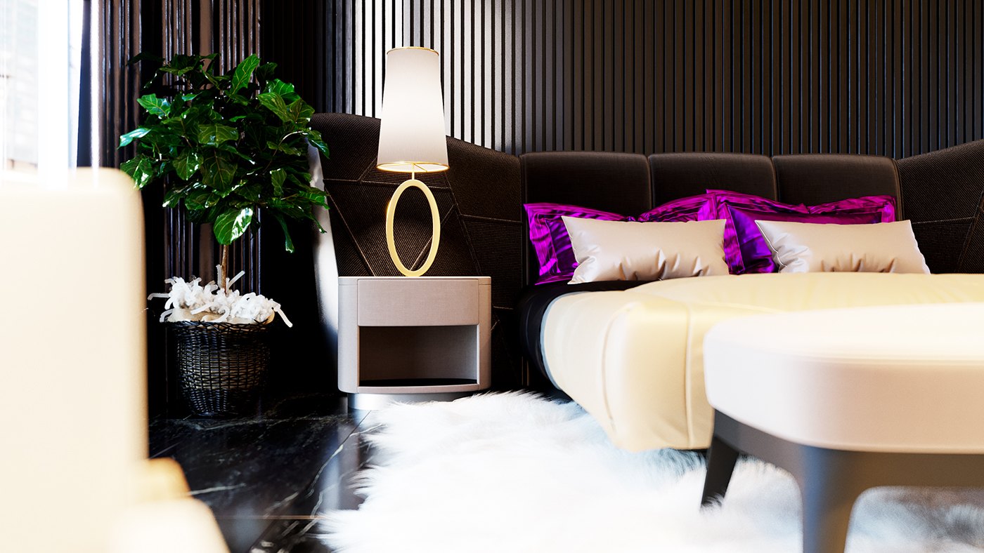 A rendered dark guest room, a cream bed with purple and beige cushions against a black slat wall with cove lighting. A gold-ring table lamp glows on a floating nightstand, a white shag rug covers the dark floor, with a potted plant.