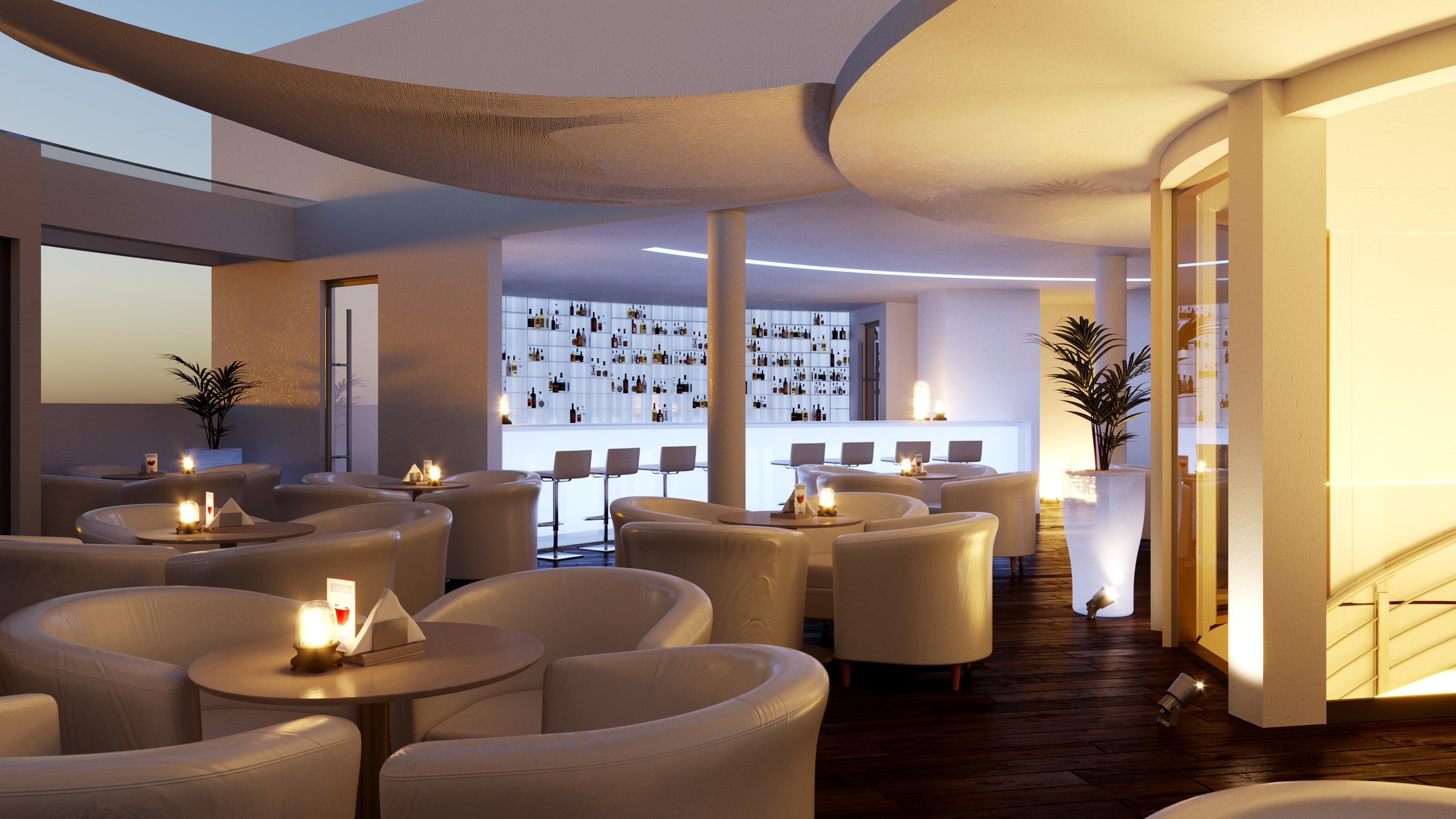 A second angle of the lounge shows barrel-backed armchairs grouped around small round tables with candles, beneath the same sculptural curved ceiling and its ring of cove light. A backlit bottle display lines the far bar wall, and tall planters soften the dark wood floor.