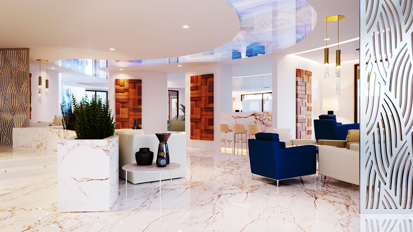 A rendered lobby lounge on polished white marble with gold veining. Blue velvet armchairs and low white tables sit beside tall white planters, a pale carved screen rises at the right, warm wood panels line the back, and a circular ceiling feature glows.