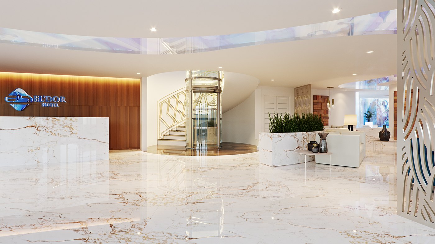 A rendered marble lobby shows the hotel entrance with a glass revolving door at the centre. A white marble reception desk carries the blue El D&rsquo;Or Hotel logo on a warm wood wall, gold-veined floors spread out, and planters frame the space.