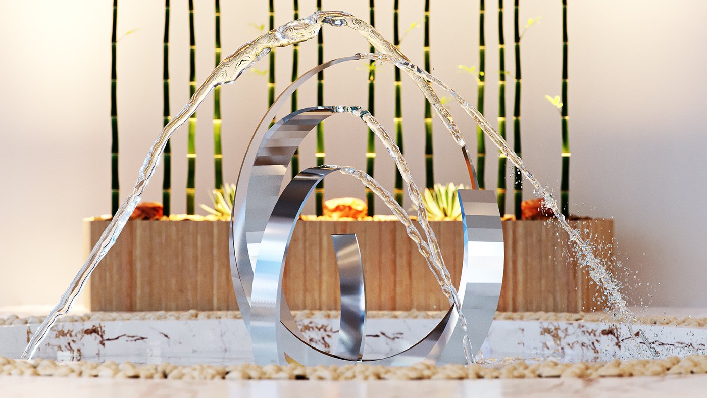 A close rendered detail of a sculptural water feature: polished chrome rings stand in a trough of pale pebbles while thin jets of water arc over them. Behind, a wood planter holds flowers and a screen of green bamboo rises against a plain wall.
