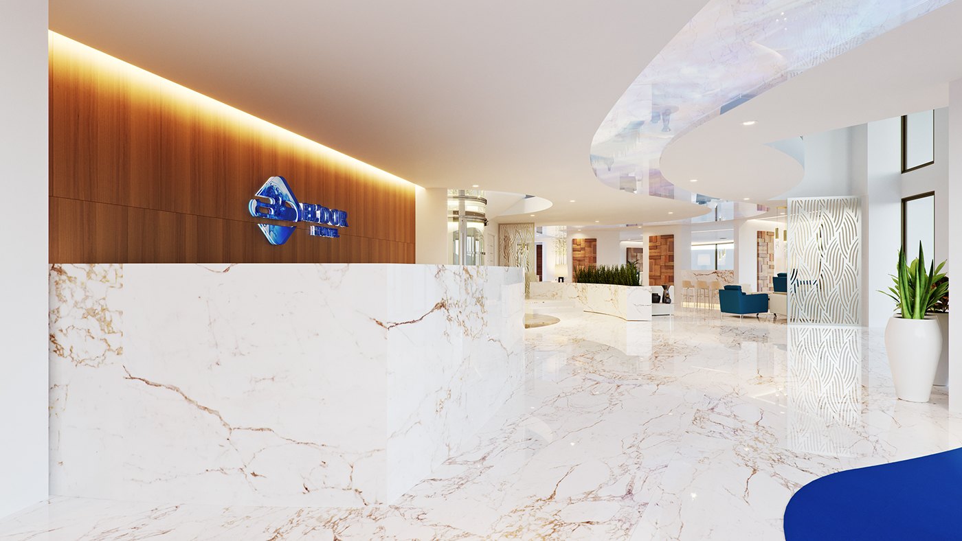 A rendered reception counter, a block of white marble with gold veining against a slatted wood wall lit from above. The blue El D&rsquo;Or Hotel logo sits on the wall, the marble floor reflects the light, with a planter at the right.