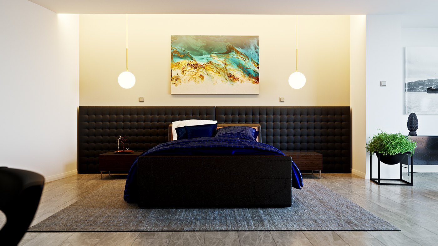 A rendered guest room centres on a bed dressed in navy with a deep blue throw, against a floor-to-ceiling black tufted headboard wall. Two white globe pendants hang either side of an abstract teal-and-gold painting, over a grey rug on light wood floor.