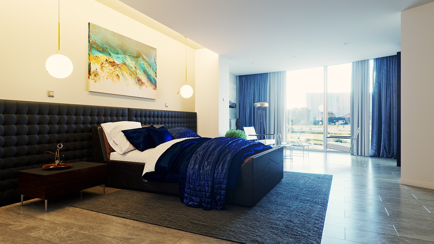A wider rendered view of the same guest room, the navy bed set before floor-to-ceiling windows with deep blue curtains and a bright city view beyond. Globe pendants and the abstract painting repeat above the black tufted headboard, with a low dark side table.