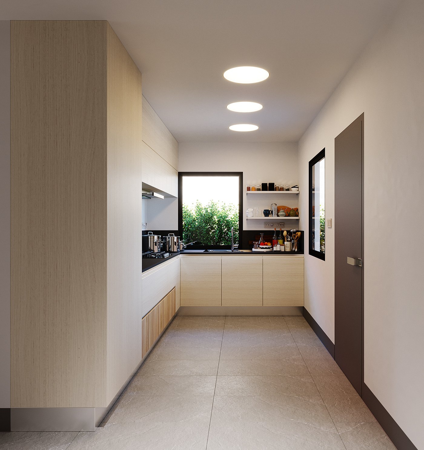 Opposite kitchen view render: the veneer wall and dark door at the right, a run of white and oak cabinets under two small windows, open shelving with jars, and three recessed ceiling discs overhead.