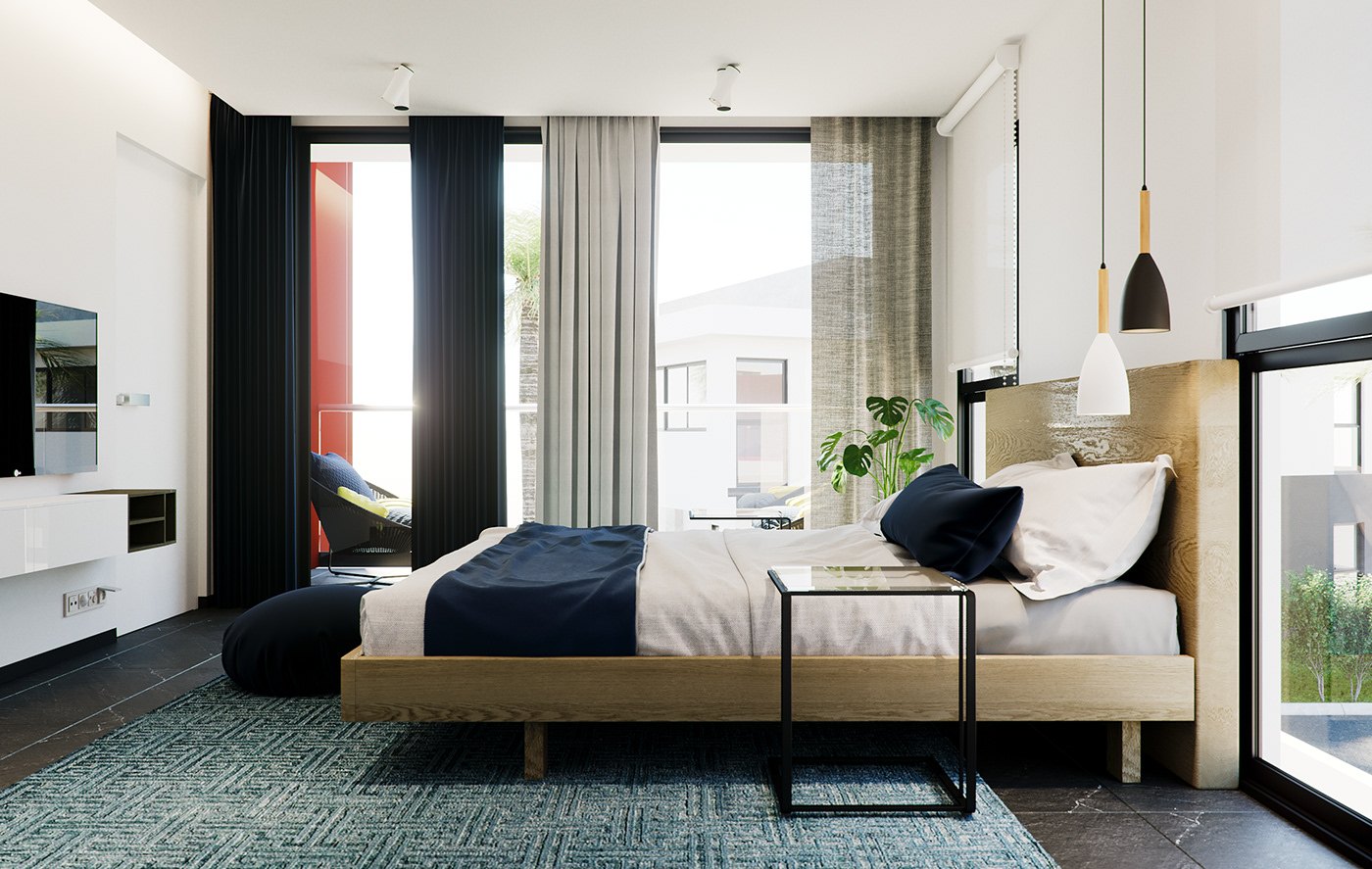 Second angle of the bedroom render: the bed now against a white media wall with a wall-mounted television, pendant lamps over the side table, tall glazing to the balcony and the same geometric teal rug underfoot.