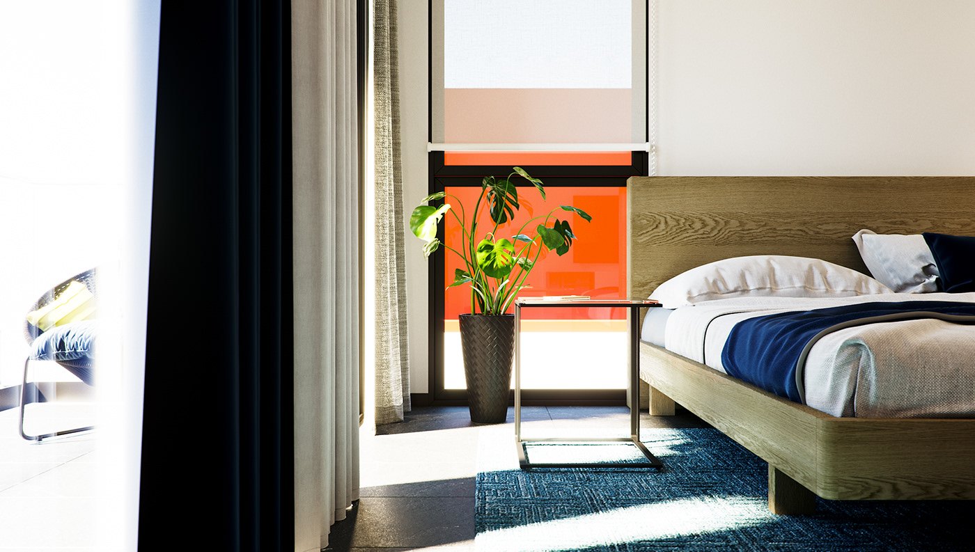 Tight corner render of the bedroom: a potted plant on the dark floor in front of the orange balcony wall, the edge of the bed with navy bedding, and bright daylight striping across the rug.