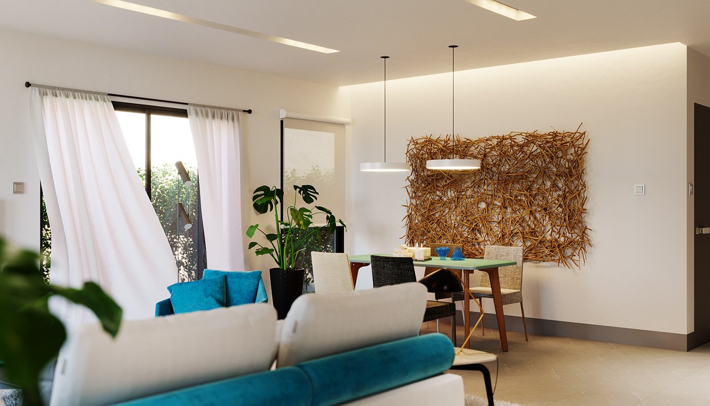 Render of the open plan living and dining area: white sofas with teal cushions in the foreground, a mint topped dining table with mixed chairs beyond, disc pendants above and a large dried-reed panel on the far wall.