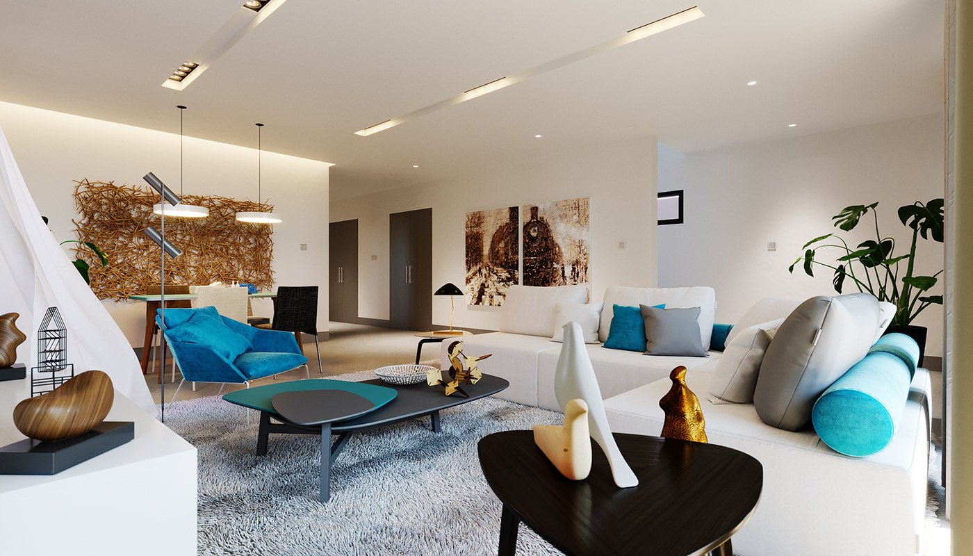 Wider angle render of the same living room: low white modular seating with teal and grey cushions, black organic coffee tables on a pale rug, blue armchair at the window and two framed artworks on the wall.