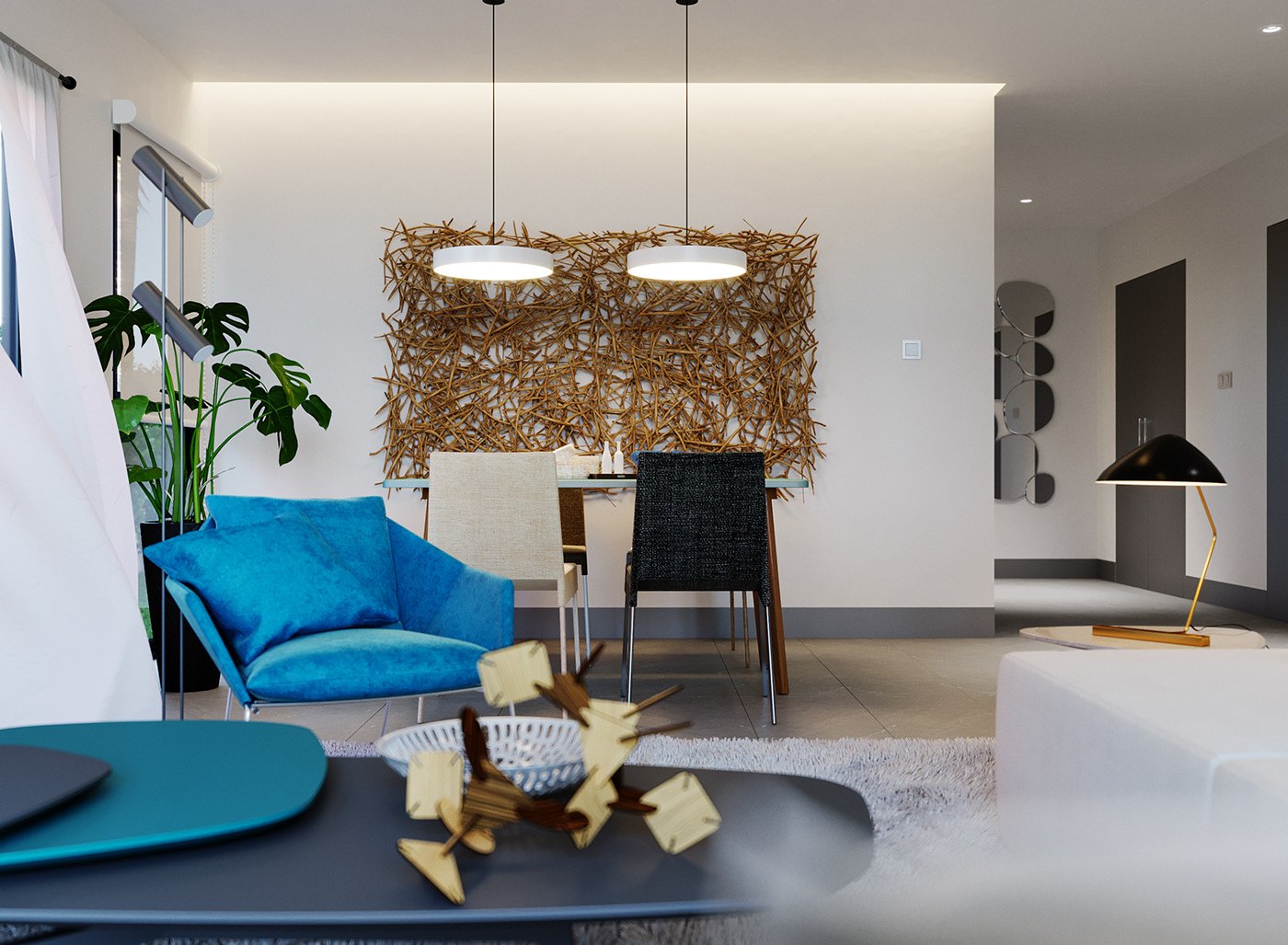 Render from the seating edge toward the dining zone: a bright blue lounge chair, dark coffee table with bowls and wooden objects, white armchair, and the reed wall art lit by two flat pendant discs.