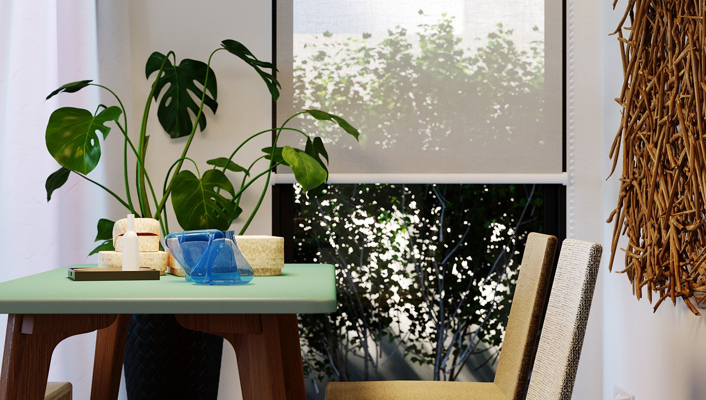 Close-up render of a mint green table top holding a potted monstera, small woven baskets and a blue glass vessel, with a roller blind framing sunlit foliage outside and dried reeds hanging at the right.