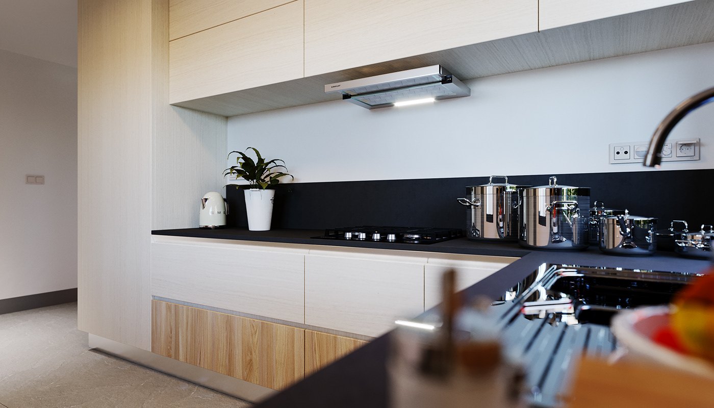 Kitchen render: handleless white wall cabinets over a black worktop and splashback, oak fronted base units, an integrated extractor and hob, a small potted plant on the counter and a pale tiled floor.