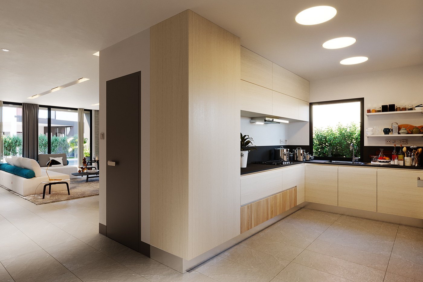 Ela B - Render of the kitchen from the entrance side: a full-height pale veneer partition with a dark door, the galley run beyond with black counters, and a glimpse of the living room and blue chair through the opening.