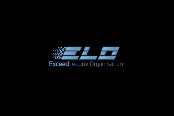 Animation frame on a black field: a chrome italic ELO wordmark with a pixel-dot wedge at its left, and the tagline ExceedLeague Organisation set beneath it in white and grey sans serif capitals.