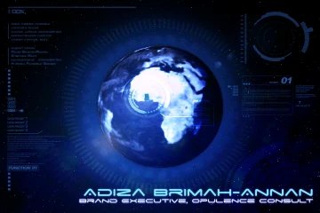 Second speaker caption: ADIZA BRIMAH-ANNAN in chrome capitals across the lower third, subtitled Brand Executive, Opulence Consult, over the blue globe with its data ring and a 01 marker at the right.