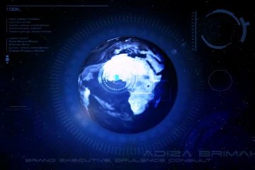 Caption transition frame: the ADIZA BRIMAH-ANNAN lettering is sliding out towards the lower right corner, half its width already off the frame, while the blue globe and its ring graphics stay fixed at the centre.