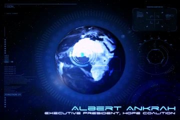 Third speaker caption: ALBERT ANKRAH in chrome capitals with the role line Executive President, Hope Coalition beneath, the globe still turning inside its segmented ring and a square HUD panel at the upper right.
