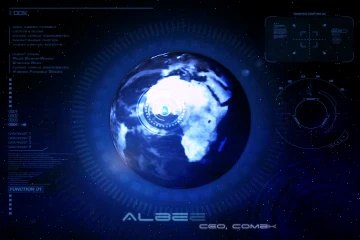 Caption build frame: only the letters ALBE have resolved at the lower third, the rest of the name still arriving from the right, over the blue earth and its rotating gauge graphics.