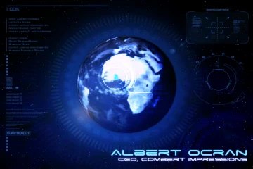 Final speaker caption reads ALBERT OCRAN in wide chrome capitals, with a smaller role line beneath reading CEO, Combert Impressions, below the Africa-centred globe and its cyan rim light.