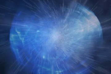 Particle burst frame: a sphere of fine blue filaments swelling outwards against deep blue, light rays streaming from its core with no lettering, the moment the logo hands off to the globe sequence.