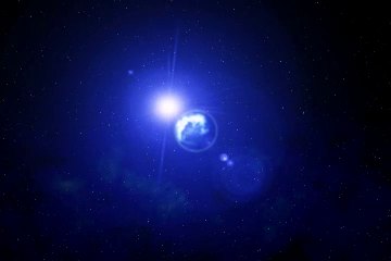 Deep blue space frame with a brilliant white lens flare at upper left, its star rays crossing the field, and a small crescent-lit planet floating at lower right, still empty of text.