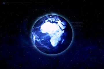 The globe resolves: a glowing blue wireframe earth with Africa facing the viewer, rimmed in cyan light against a starfield, the first frame in which the conference&rsquo;s continental imagery is fully readable.