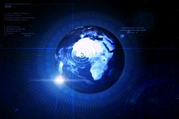 Heads-up graphics arrive: the same blue globe with a circular reticle locked over West Africa, columns of small unreadable data text at the top left, and a bright flare burning at the lower left edge.