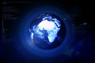 The interface settles around the globe: a segmented ring framing the earth, a numbered 01 marker at the right, fine data lists down both margins, and the cyan-lit continent still turning at the centre.