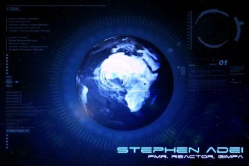 First speaker caption animates in below the globe: STEPHEN ADEI in wide chrome capitals, with a smaller role line beneath reading PMR Reactor GMPA, all set against the blue earth and its HUD ring.