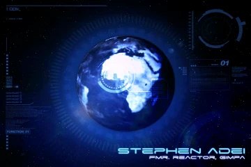 The same STEPHEN ADEI lower third holds while the reticle over Africa advances and the ring graphics rotate, the globe&rsquo;s cloud layer drifting to keep the loop alive between captions.