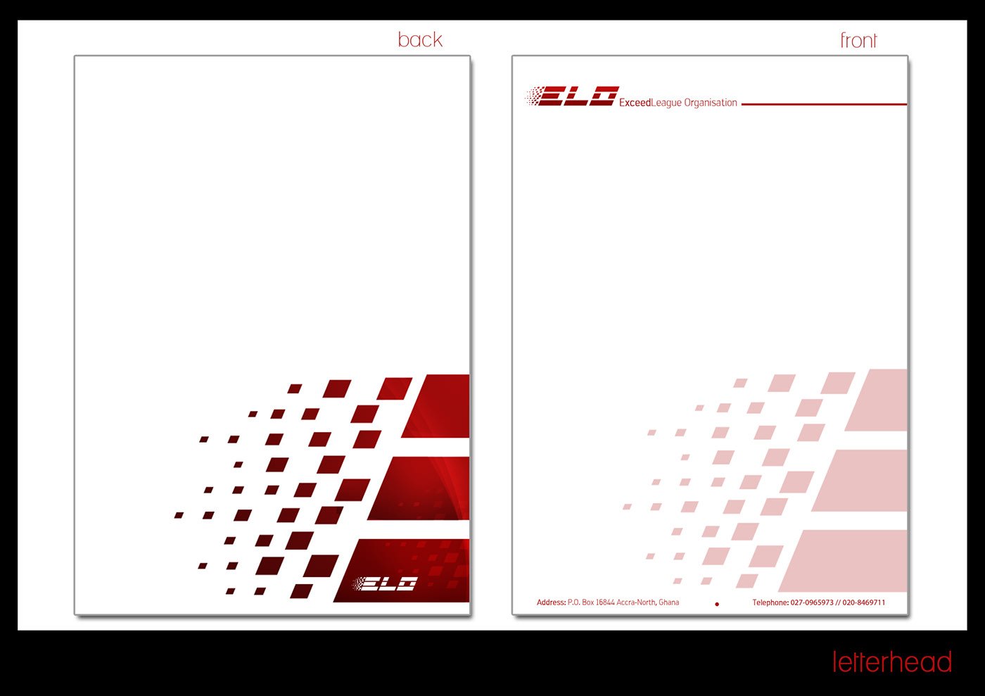 Letterhead plate, captioned letterhead: two A4 sheets marked back and front, the pixel grid dissolving across the foot of each page, with a red ELO band and thin rule across the top of the front sheet.